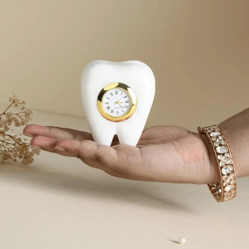 Grahvatika Tooth Shape Marble Table Clock, Unique Design Decorative Clock Showpiece, Ideal Gift for Dentists Day