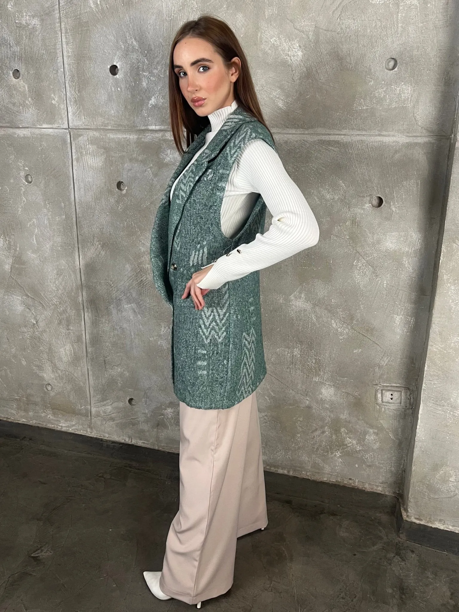 Green Wool Sleeveless Blazer